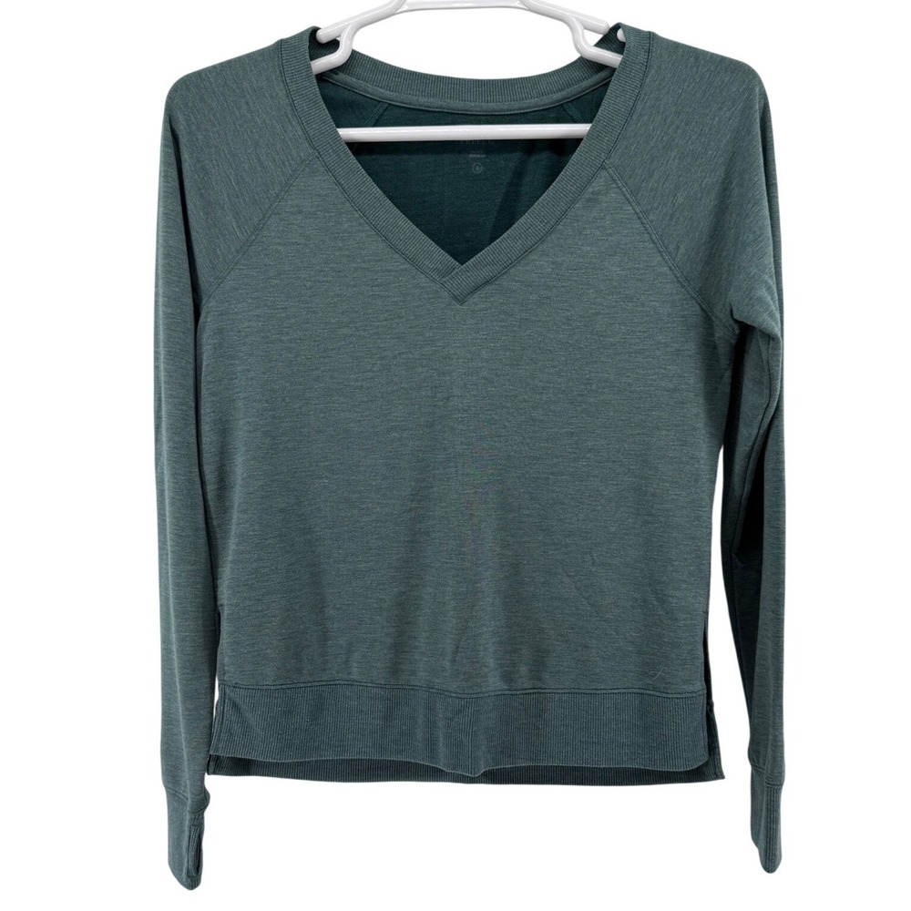 Freely Womens Teal Green Heathered V-Neck Long Sleeve Top with Thumbholes Small